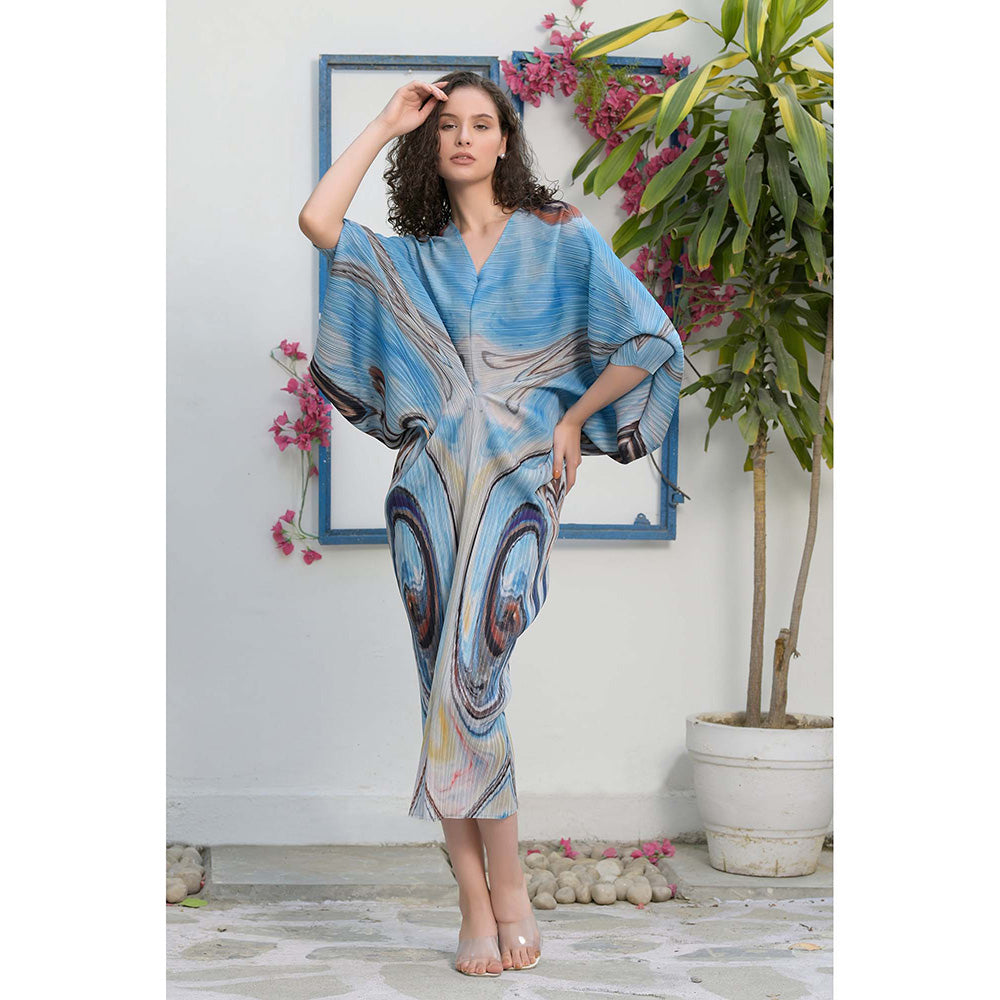 TASUVURE Blue Kimono Kitsch Abstract Printed Midi Dress