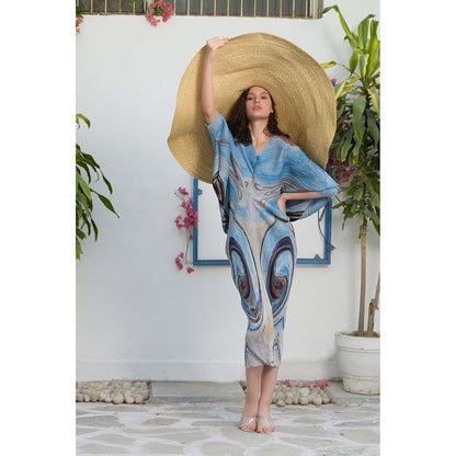 TASUVURE Blue Kimono Kitsch Abstract Printed Midi Dress