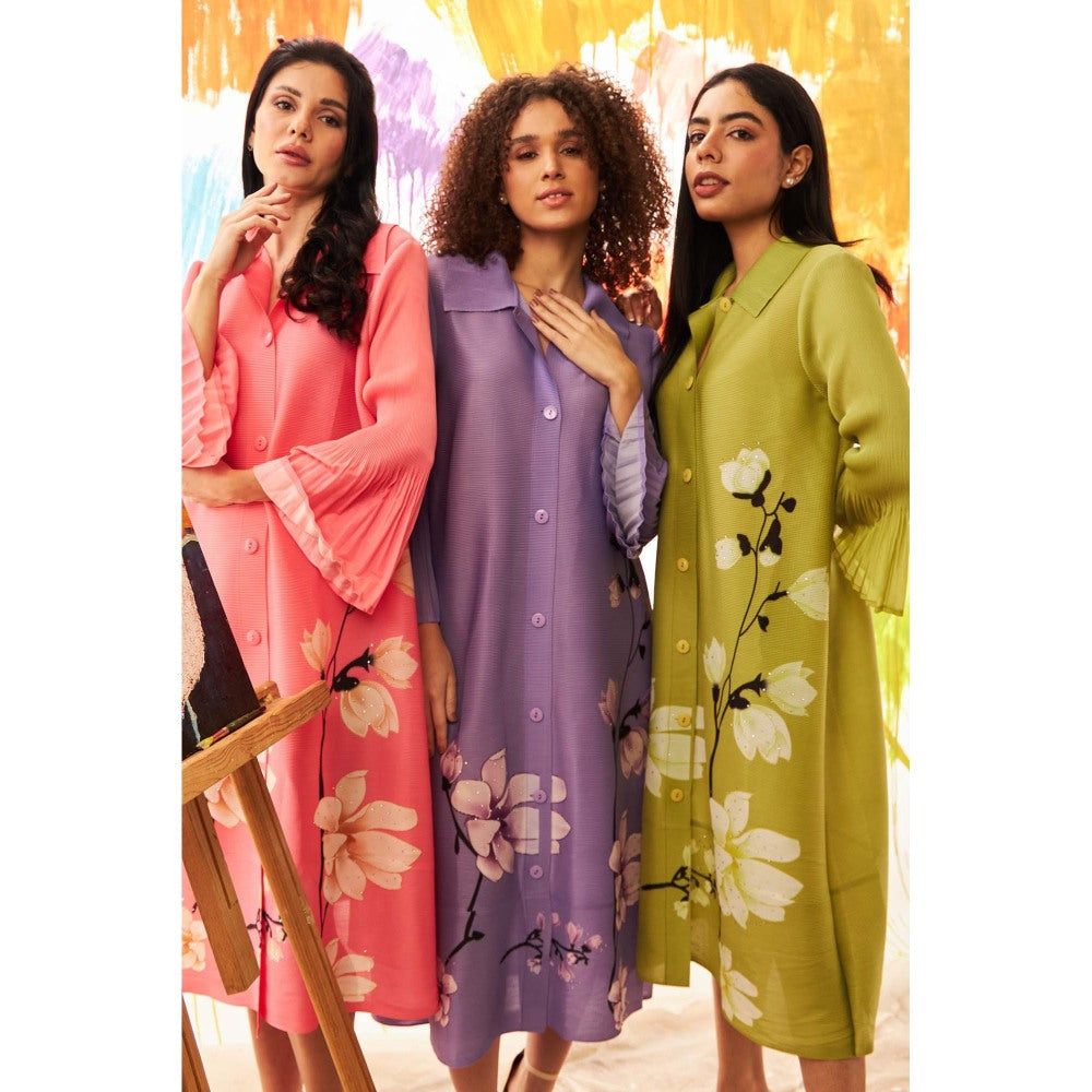 TASUVURE Coral Fable Floral Shirt Dress