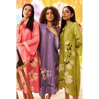 TASUVURE Coral Fable Floral Shirt Dress