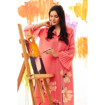 TASUVURE Coral Fable Floral Shirt Dress