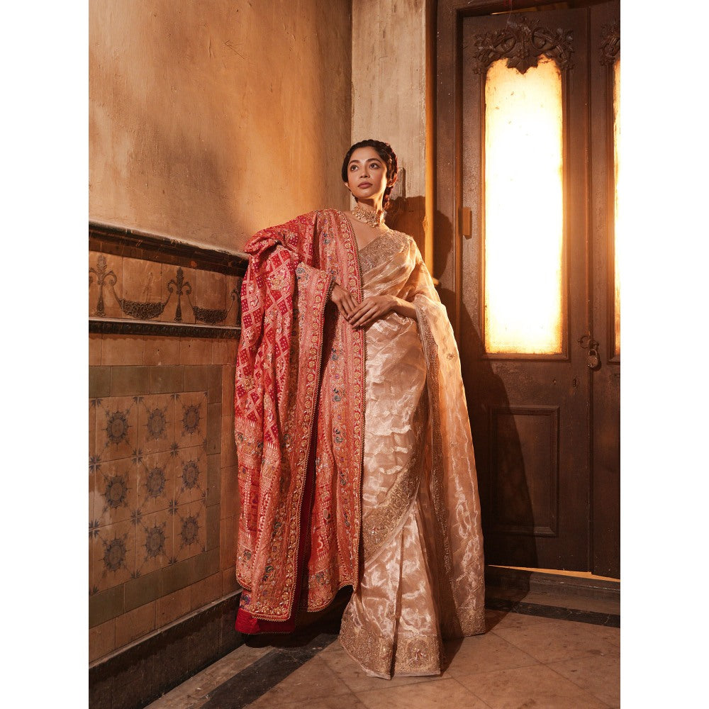 TATWAMM Beige Banarsi Saree with Unstitched