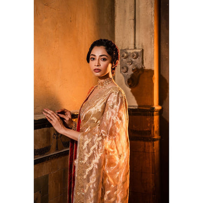 TATWAMM Beige Banarsi Saree with Unstitched