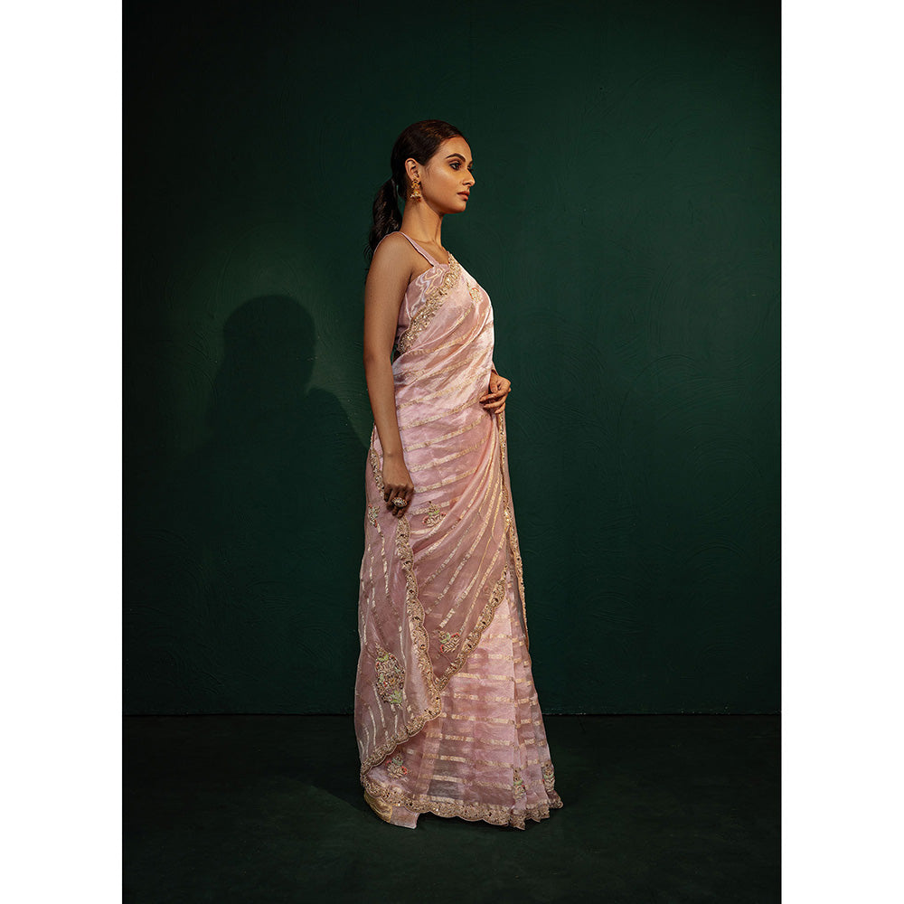 TATWAMM Pink Tissue Saree with Unstitched