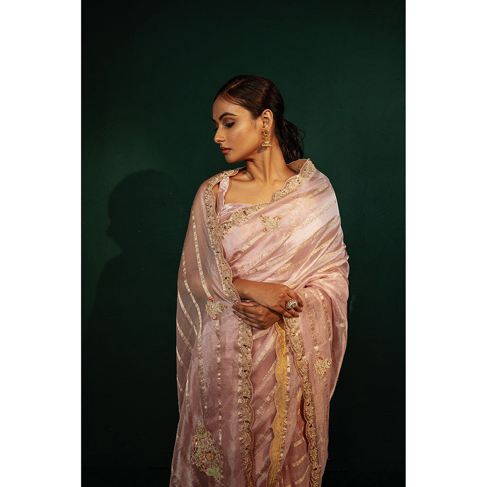 TATWAMM Pink Tissue Saree with Unstitched