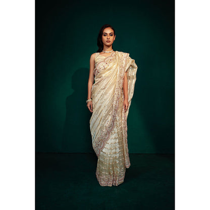 TATWAMM Beige Chanderi Tissue Saree with Unstitched