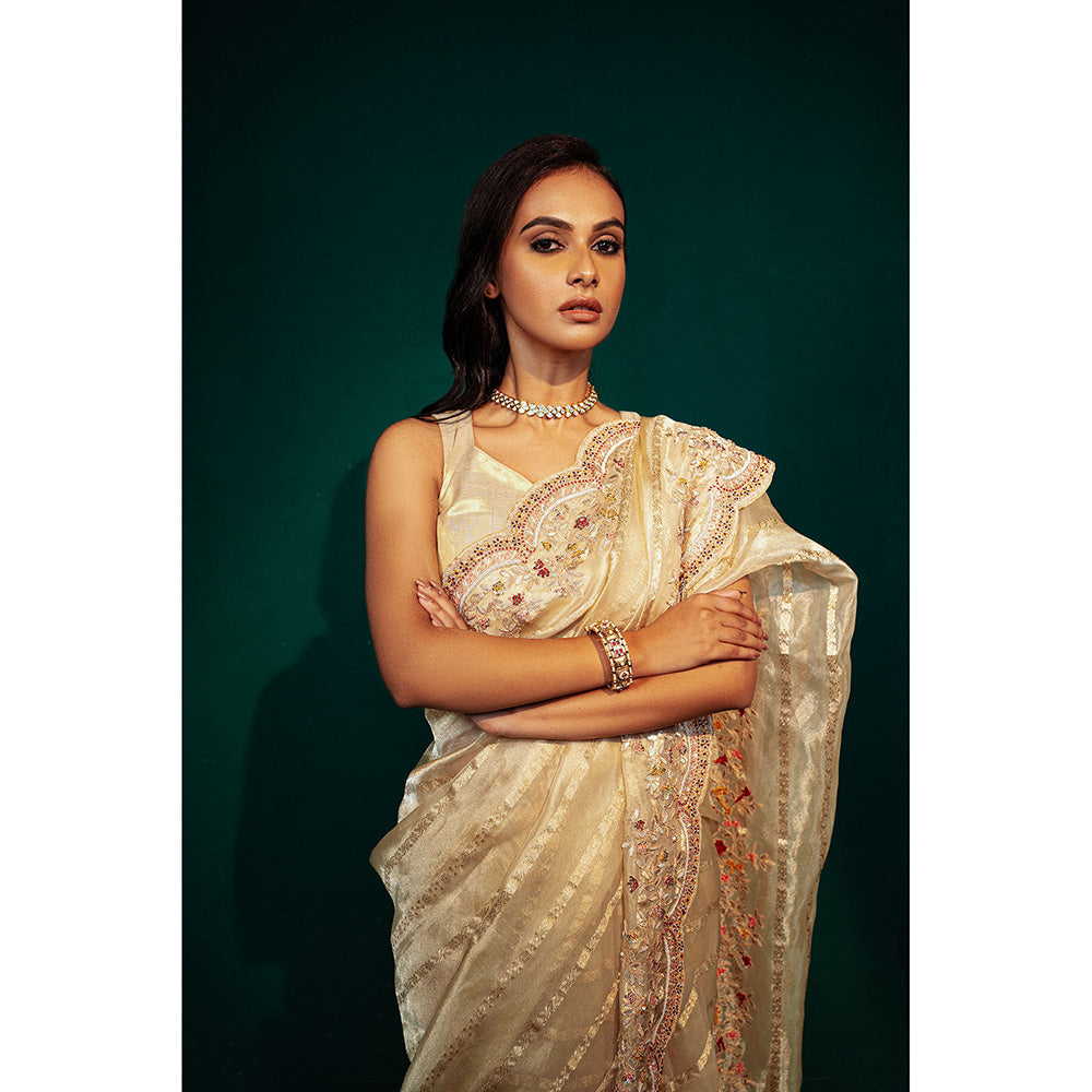 TATWAMM Beige Chanderi Tissue Saree with Unstitched