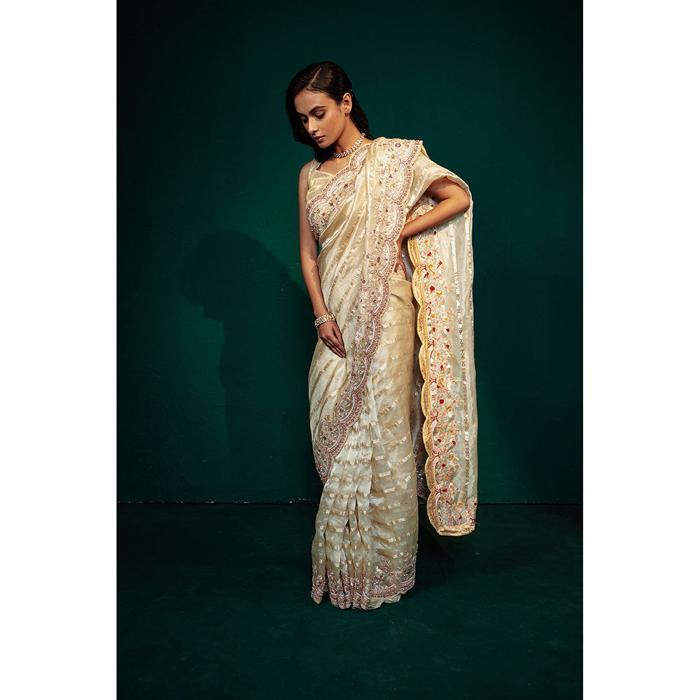 TATWAMM Beige Chanderi Tissue Saree with Unstitched