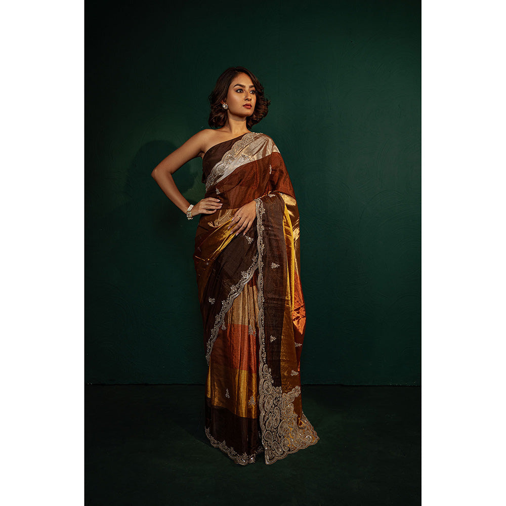 TATWAMM Brown Chanderi Tissue Saree with Unstitched