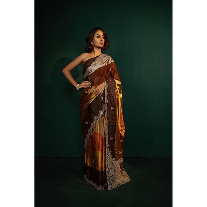 TATWAMM Brown Chanderi Tissue Saree with Unstitched