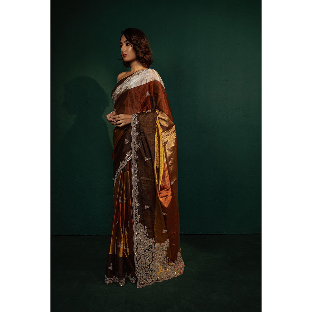 TATWAMM Brown Chanderi Tissue Saree with Unstitched