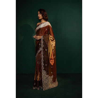 TATWAMM Brown Chanderi Tissue Saree with Unstitched