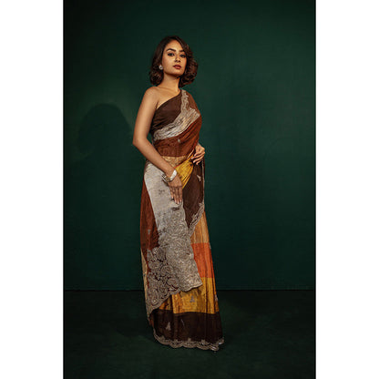 TATWAMM Brown Chanderi Tissue Saree with Unstitched
