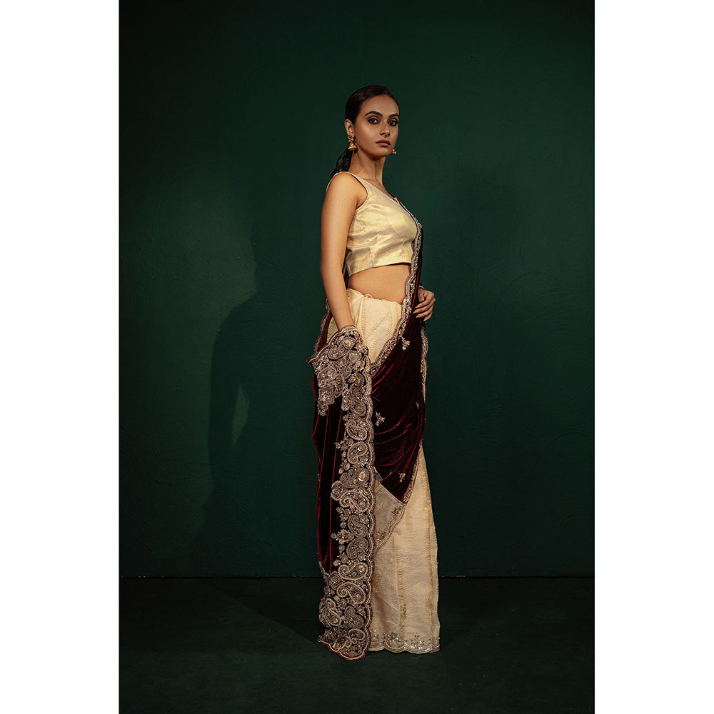 TATWAMM Maroon Beige Saree with Unstitched