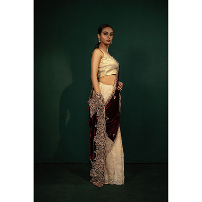 TATWAMM Maroon Beige Saree with Unstitched