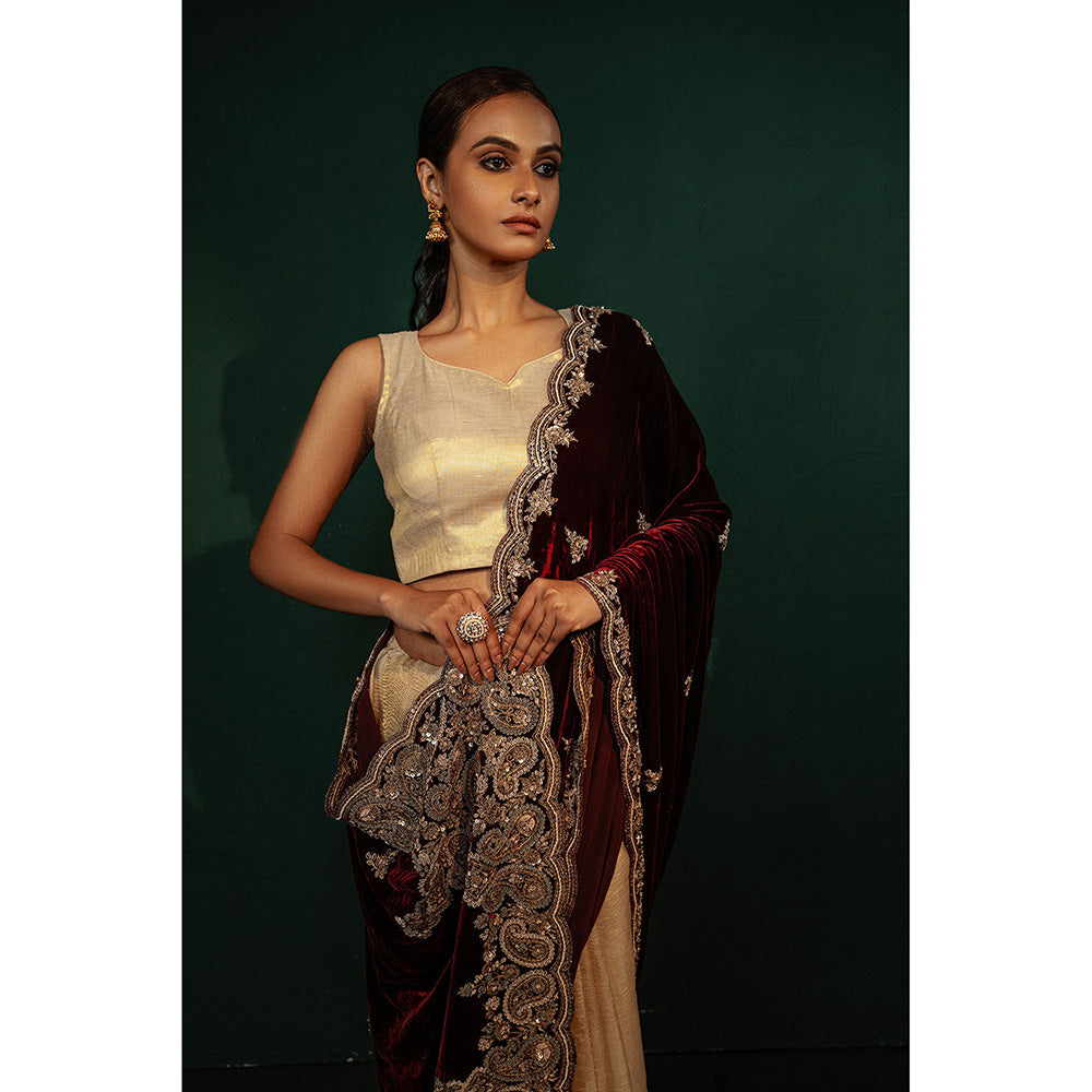 TATWAMM Maroon Beige Saree with Unstitched