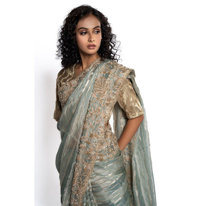 TATWAMM Greyish Blue Saree with Unstitched