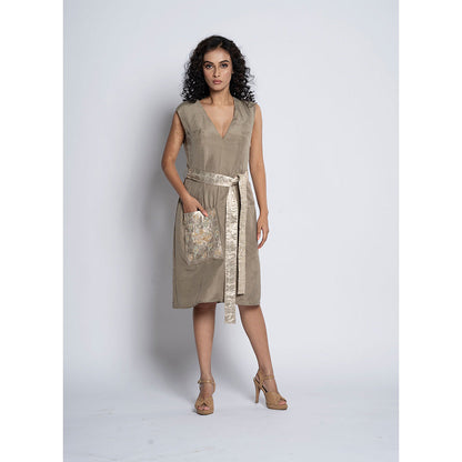 TATWAMM Taupe Ethnic Dress with Cape & Belt (Set of 3)
