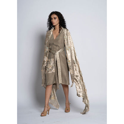 TATWAMM Taupe Ethnic Dress with Cape & Belt (Set of 3)