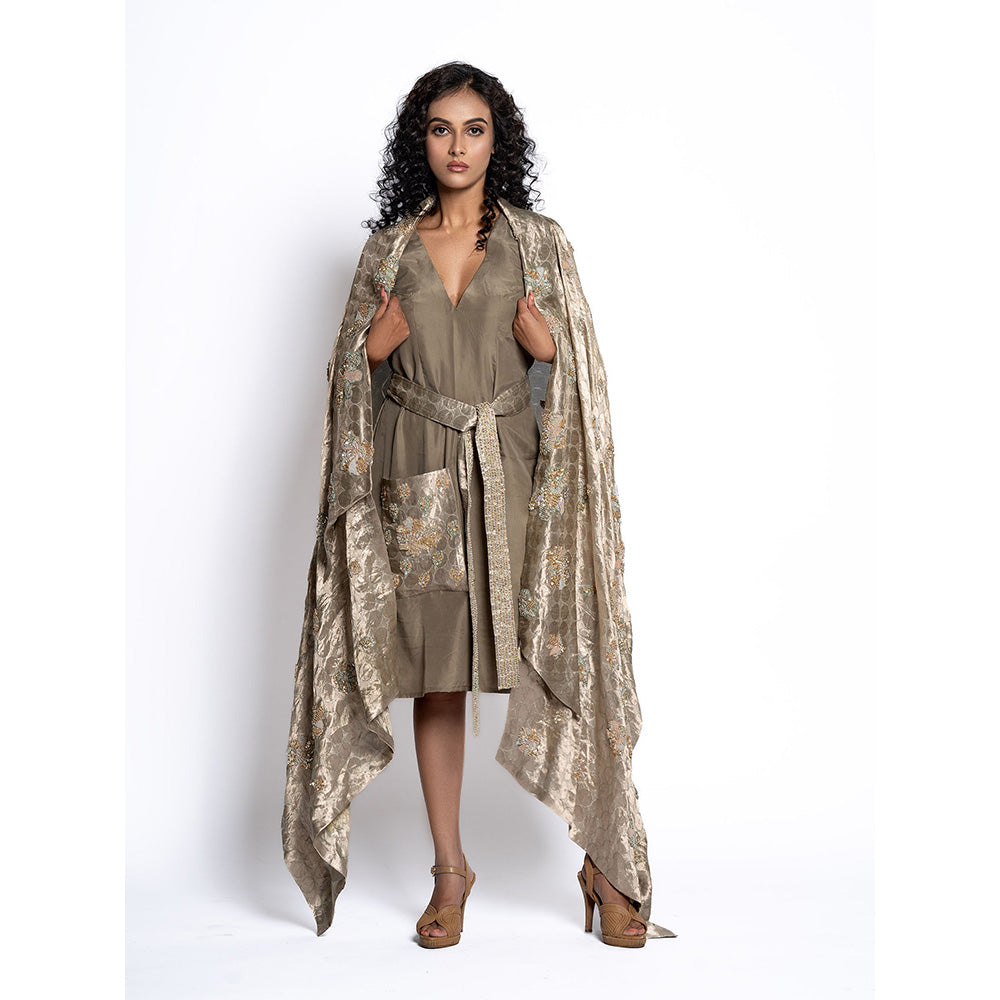 TATWAMM Taupe Ethnic Dress with Cape & Belt (Set of 3)