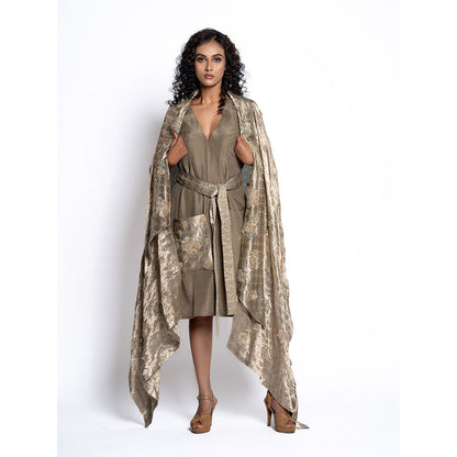 TATWAMM Taupe Ethnic Dress with Cape & Belt (Set of 3)