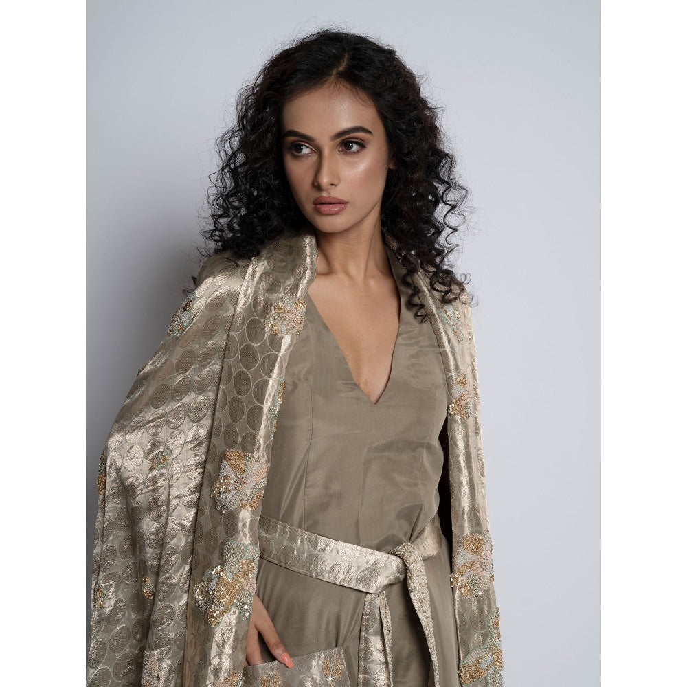 TATWAMM Taupe Ethnic Dress with Cape & Belt (Set of 3)