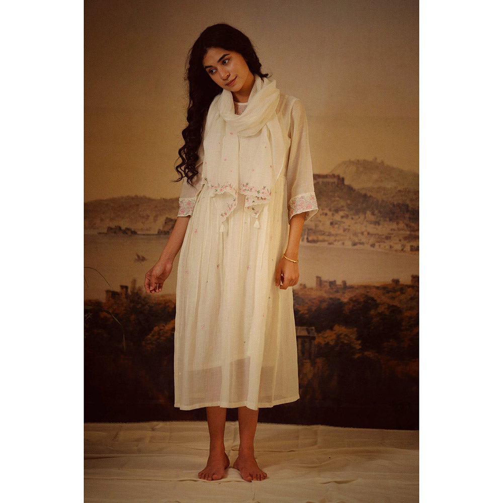 Tatwa Designs Ivory White Miniature Neck Embroidered Dress (Set of 2)