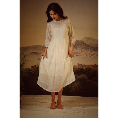 Tatwa Designs Ivory White Miniature Neck Embroidered Dress (Set of 2)