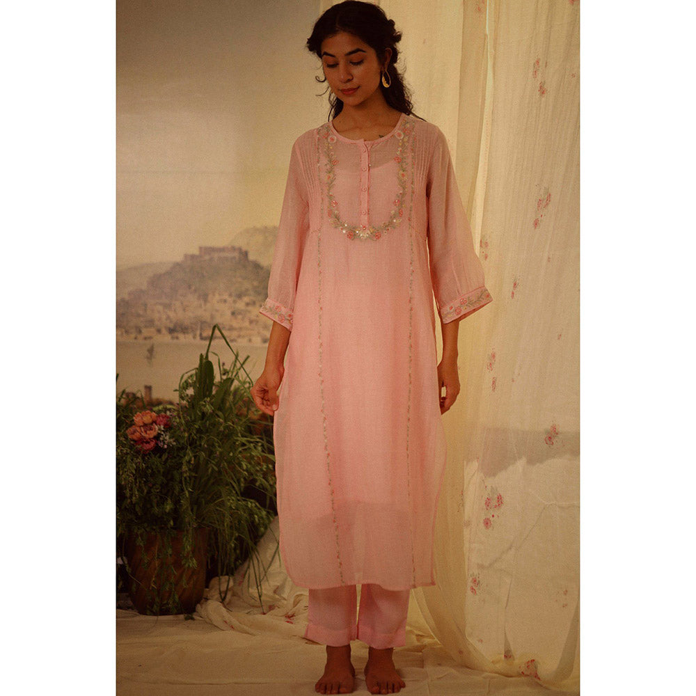 Tatwa Designs Blush Pink Camellia Kurta (Kurta, Slip, Pant) (Set of 3)