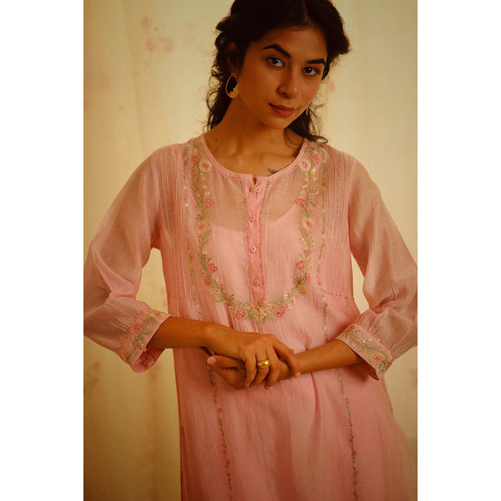 Tatwa Designs Blush Pink Camellia Kurta (Kurta, Slip, Pant) (Set of 3)