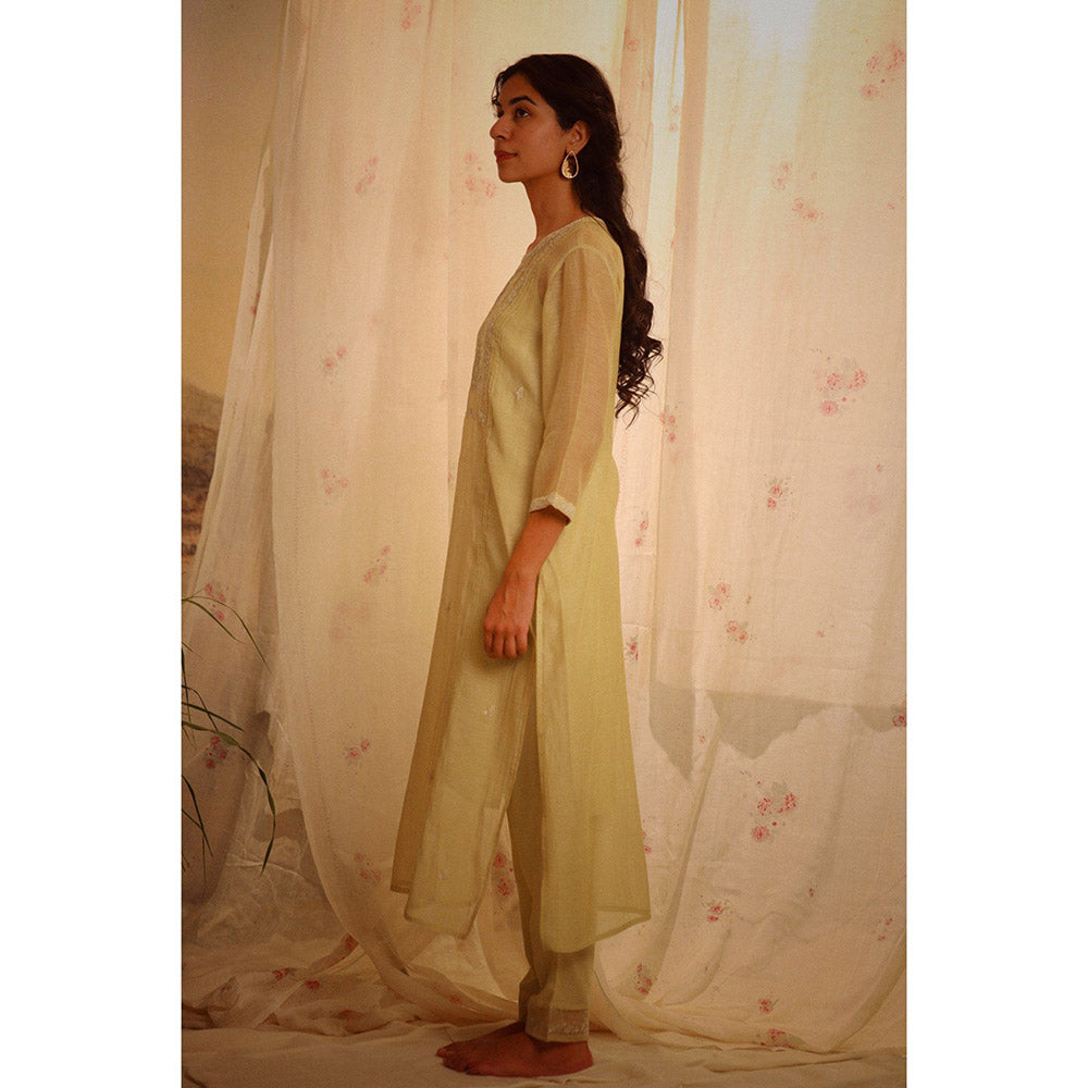 Tatwa Designs Sage Green Tonal Yoke Kurta (Set of 3)