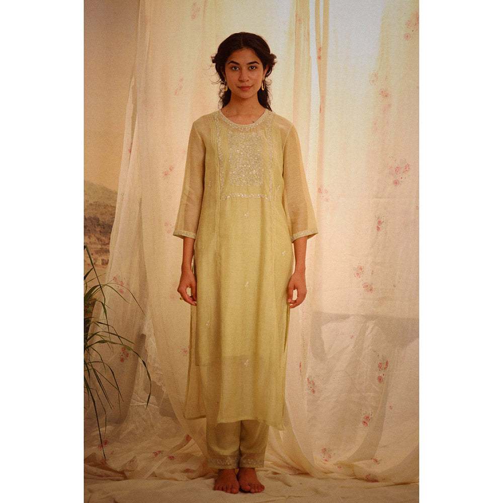 Tatwa Designs Sage Green Tonal Yoke Kurta (Set of 3)