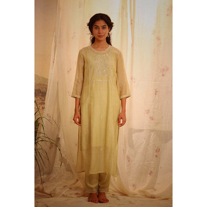 Tatwa Designs Sage Green Tonal Yoke Kurta (Set of 3)