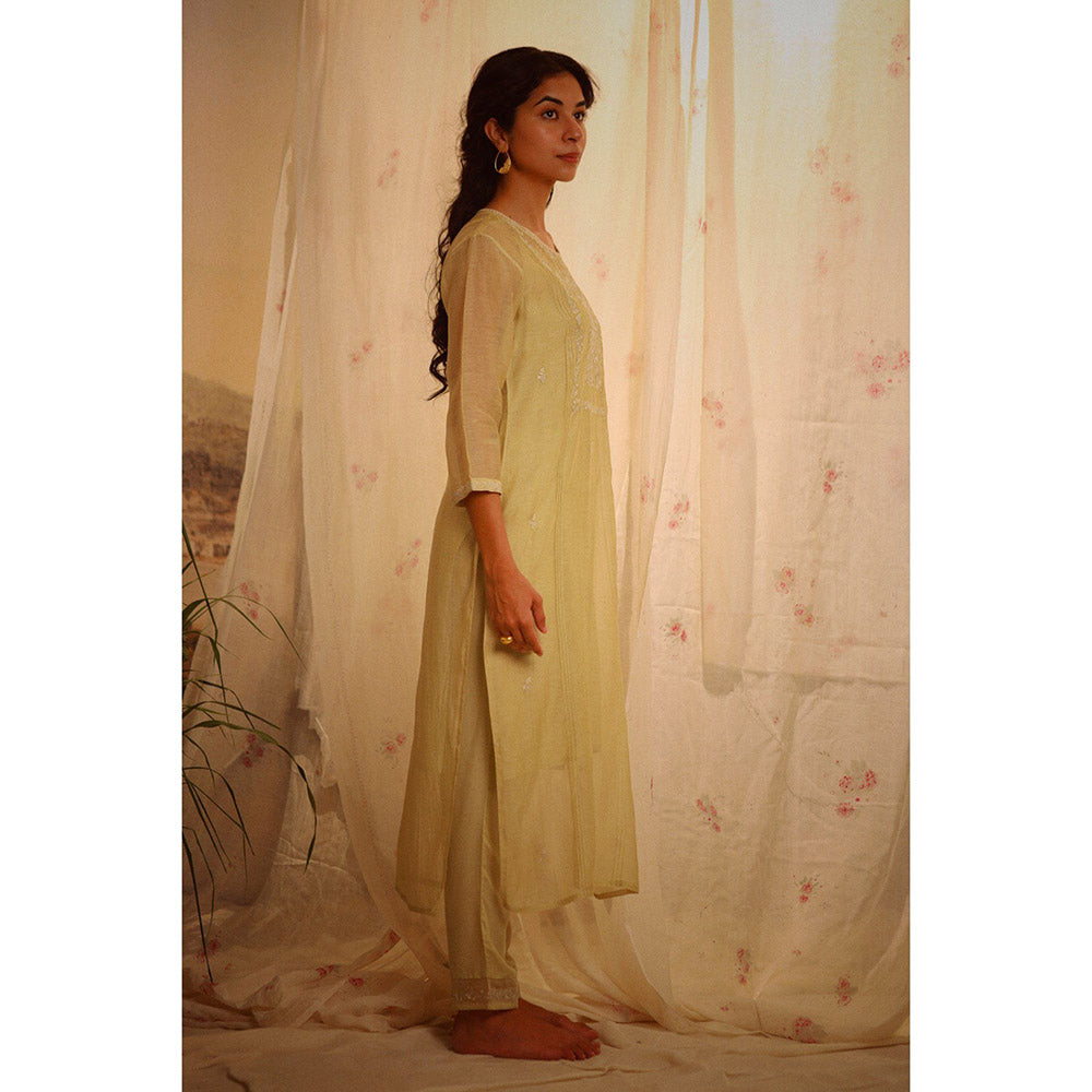 Tatwa Designs Sage Green Tonal Yoke Kurta (Set of 3)