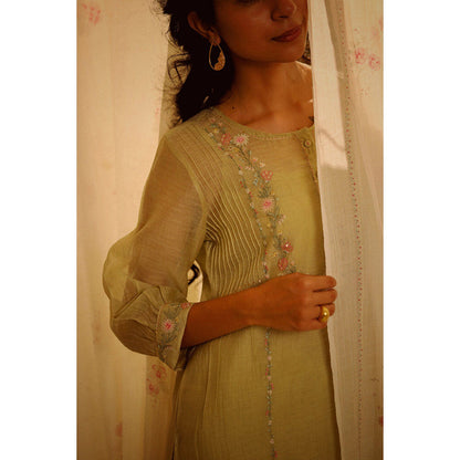 Tatwa Designs Sage Green Camellia Kurta (Set of 3)