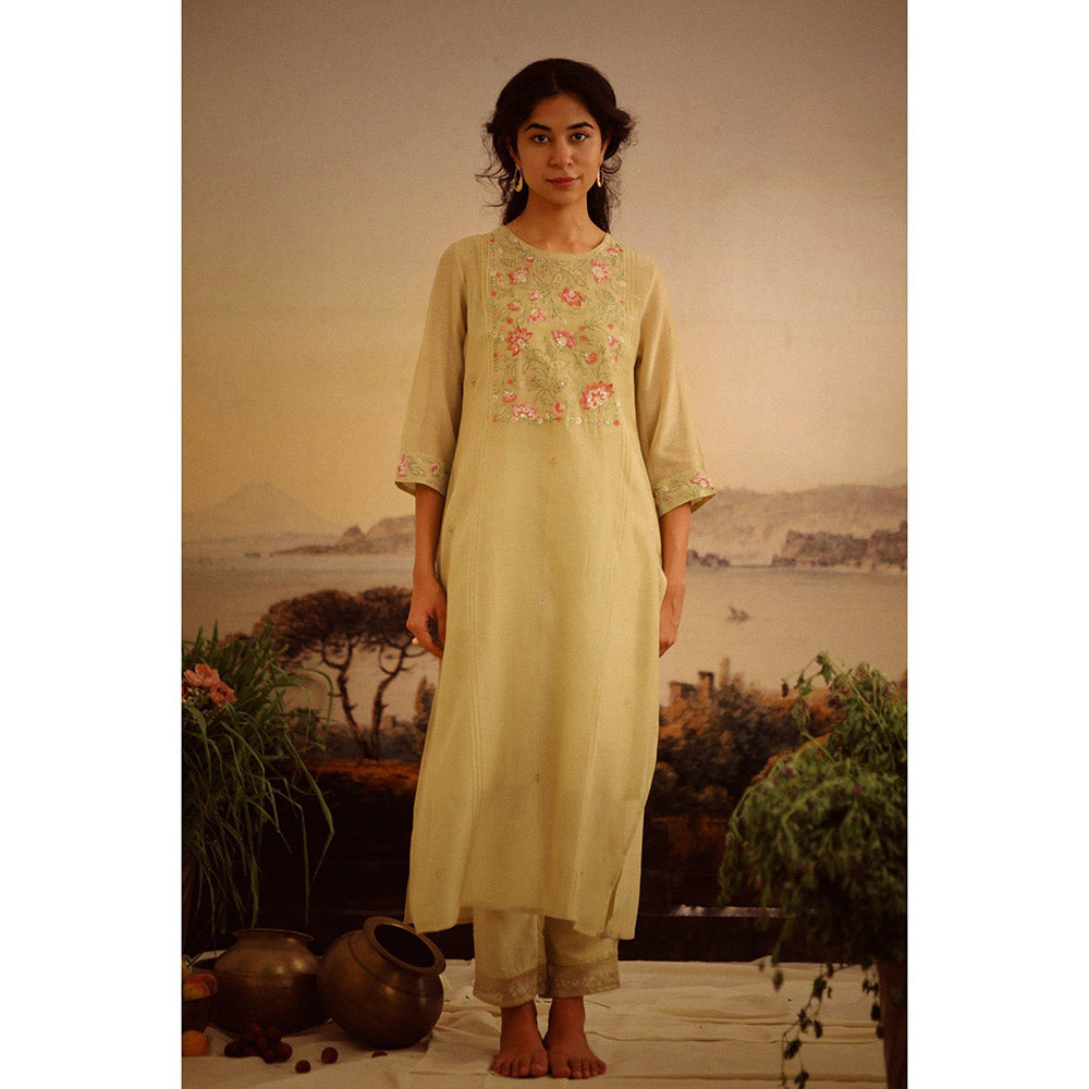 Tatwa Designs Sage Green Rose Garden Yoke Kurta (Set of 3)