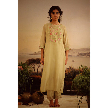 Tatwa Designs Sage Green Rose Garden Yoke Kurta (Set of 3)