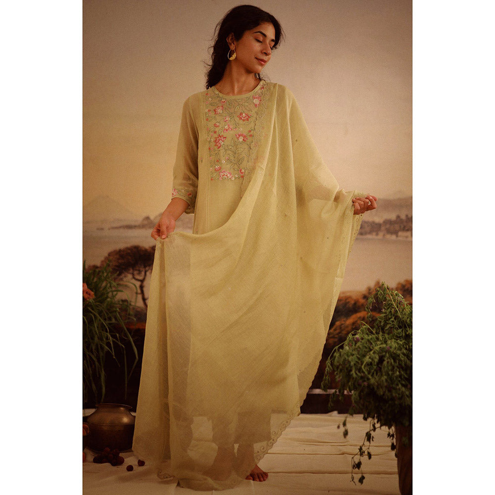 Tatwa Designs Sage Green Rose Garden Yoke Kurta (Set of 3)