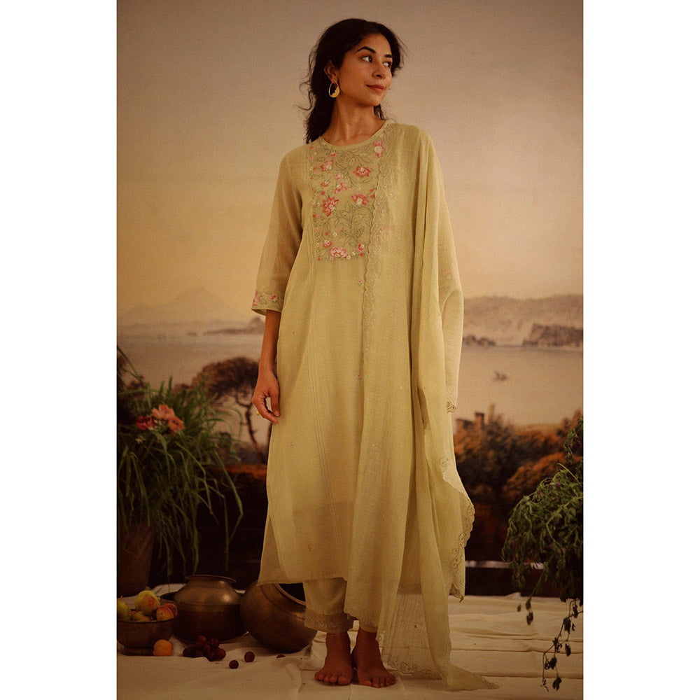 Tatwa Designs Sage Green Rose Garden Yoke Kurta (Set of 3)