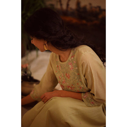 Tatwa Designs Sage Green Rose Garden Yoke Kurta (Set of 3)