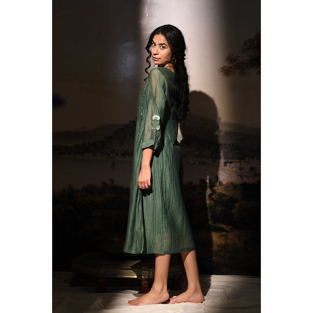 Tatwa Designs Bottle Green Juhi Yoke Dress (Set of 2)