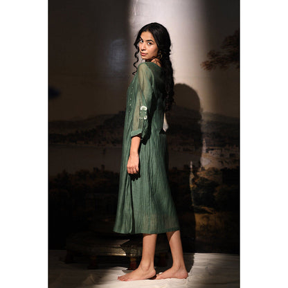 Tatwa Designs Bottle Green Juhi Yoke Dress (Set of 2)