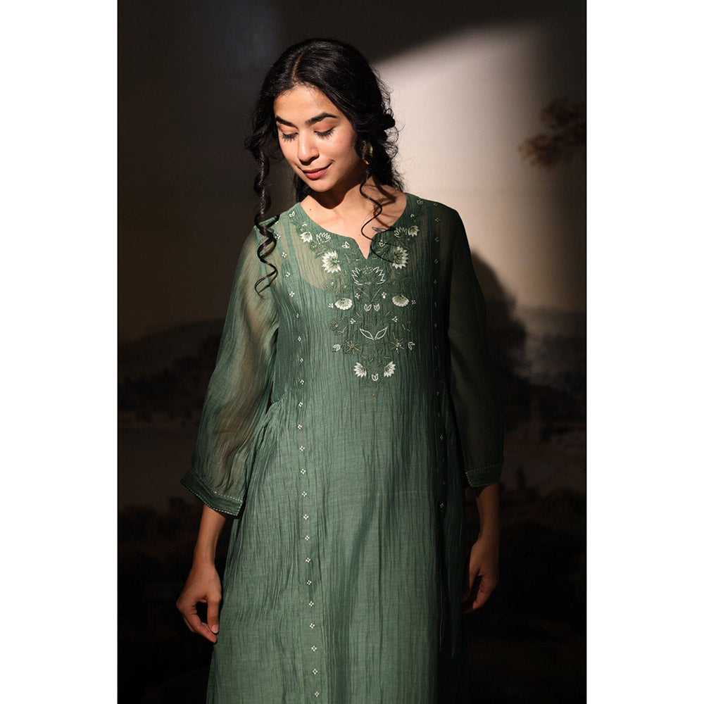 Tatwa Designs Bottle Green Juhi Yoke Dress (Set of 2)