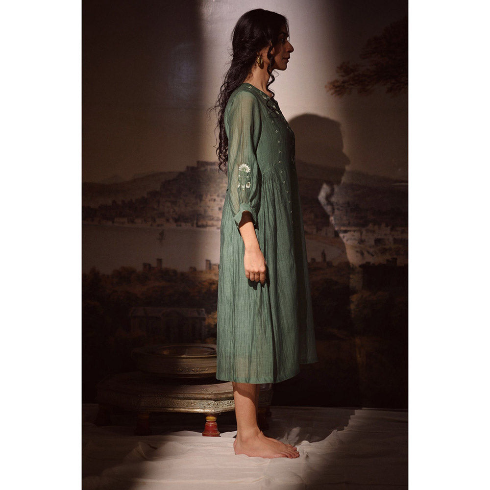 Tatwa Designs Bottle Green Juhi Yoke Dress (Set of 2)