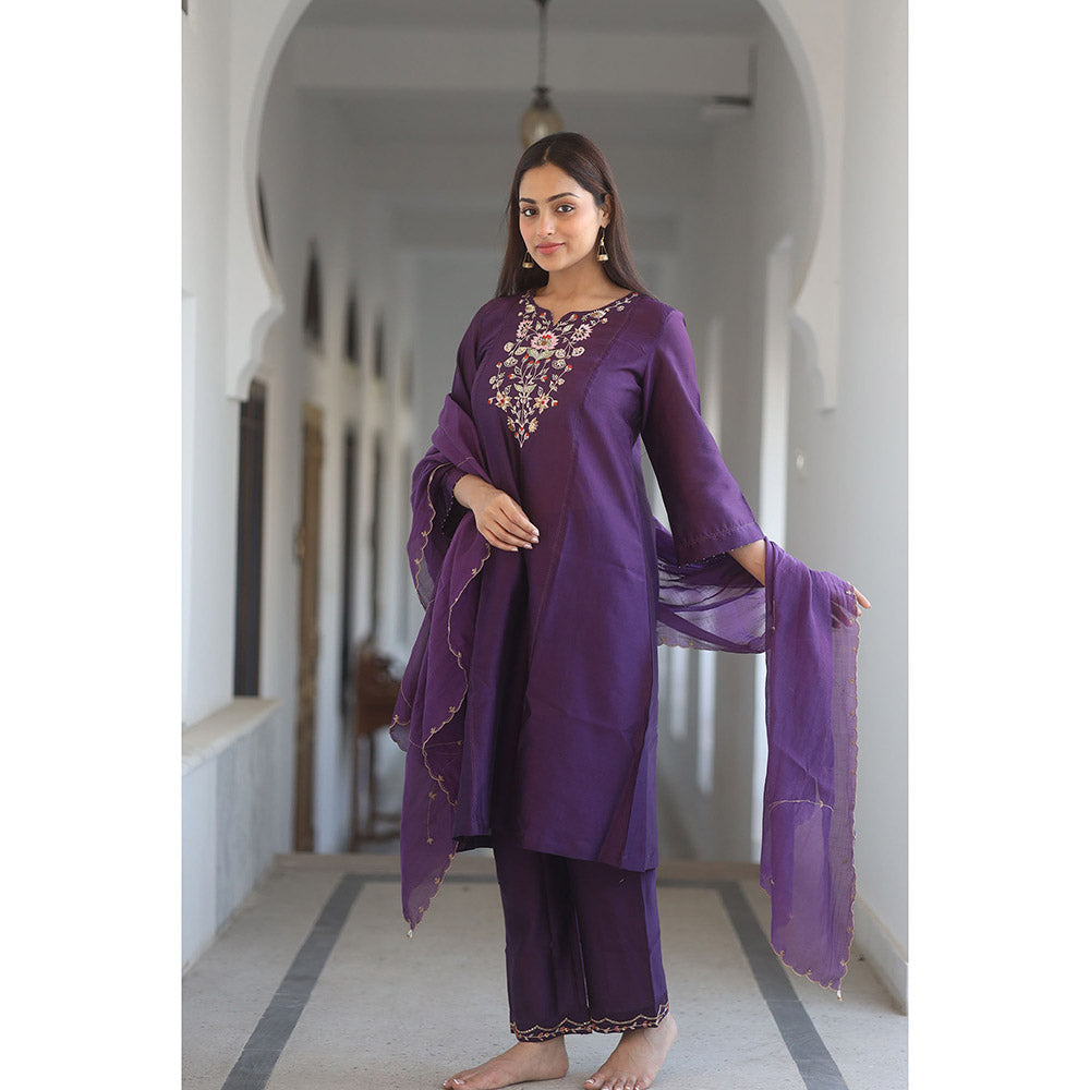 Tatwa Designs Purple Floral Bouquet Kurta with Pant & Dupatta (Set of 3)