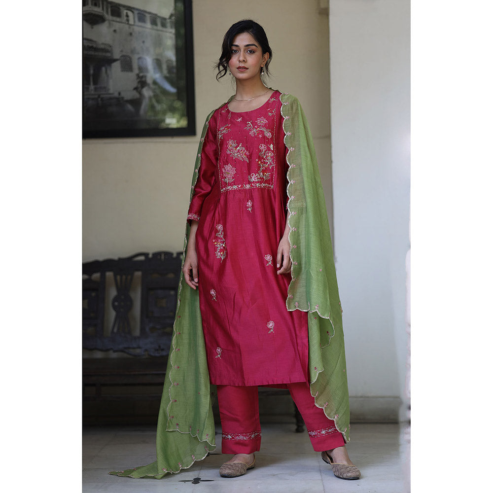 Tatwa Designs Magenta Pink Dream Garden Kurta with Pant & Dupatta (Set of 3)