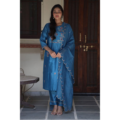 Tatwa Designs Prussian Blue Dream Garden Kurta with Pant & Dupatta (Set of 3)