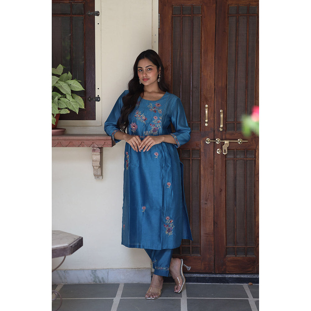 Tatwa Designs Prussian Blue Dream Garden Kurta with Pant & Dupatta (Set of 3)