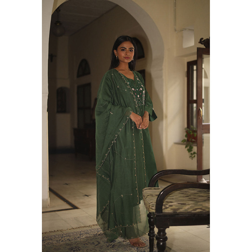 Tatwa Designs Bottle Green Glass Beaded Kurta with Dupatta (Set of 3)