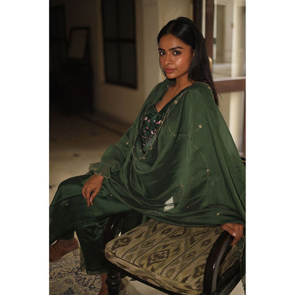 Tatwa Designs Bottle Green Glass Beaded Kurta with Dupatta (Set of 3)